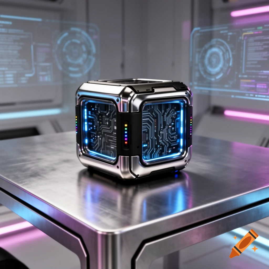 A shiny metallic cybernetic cube with glowing blue circuits sits on a futuristic table, with holographic interfaces in the background.