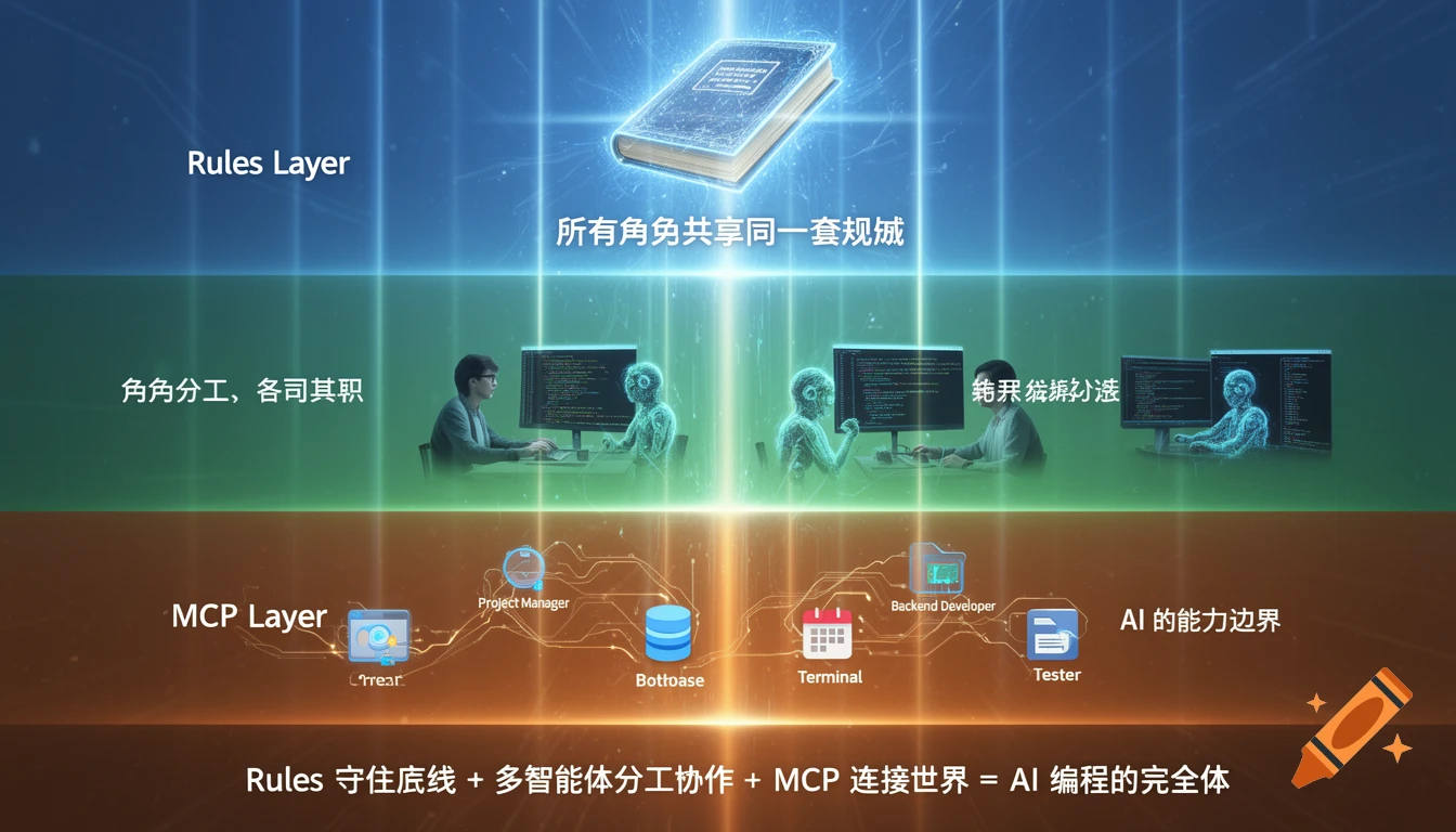 A technical diagram illustrating the Rules, Multi-Agent, and MCP layers of an AI programming system, with text and icons.