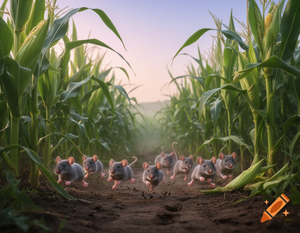 Photorealistic image of several small grey mice running through a green cornfield at dawn.