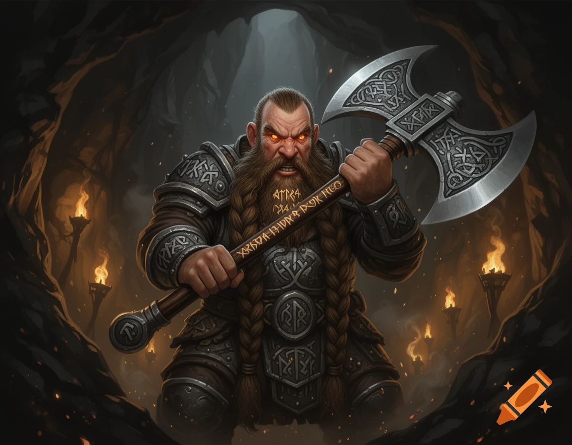 An angry bearded dwarf in ornate armor wields a double-bladed axe in a torchlit cave, rendered in detailed fantasy art style.