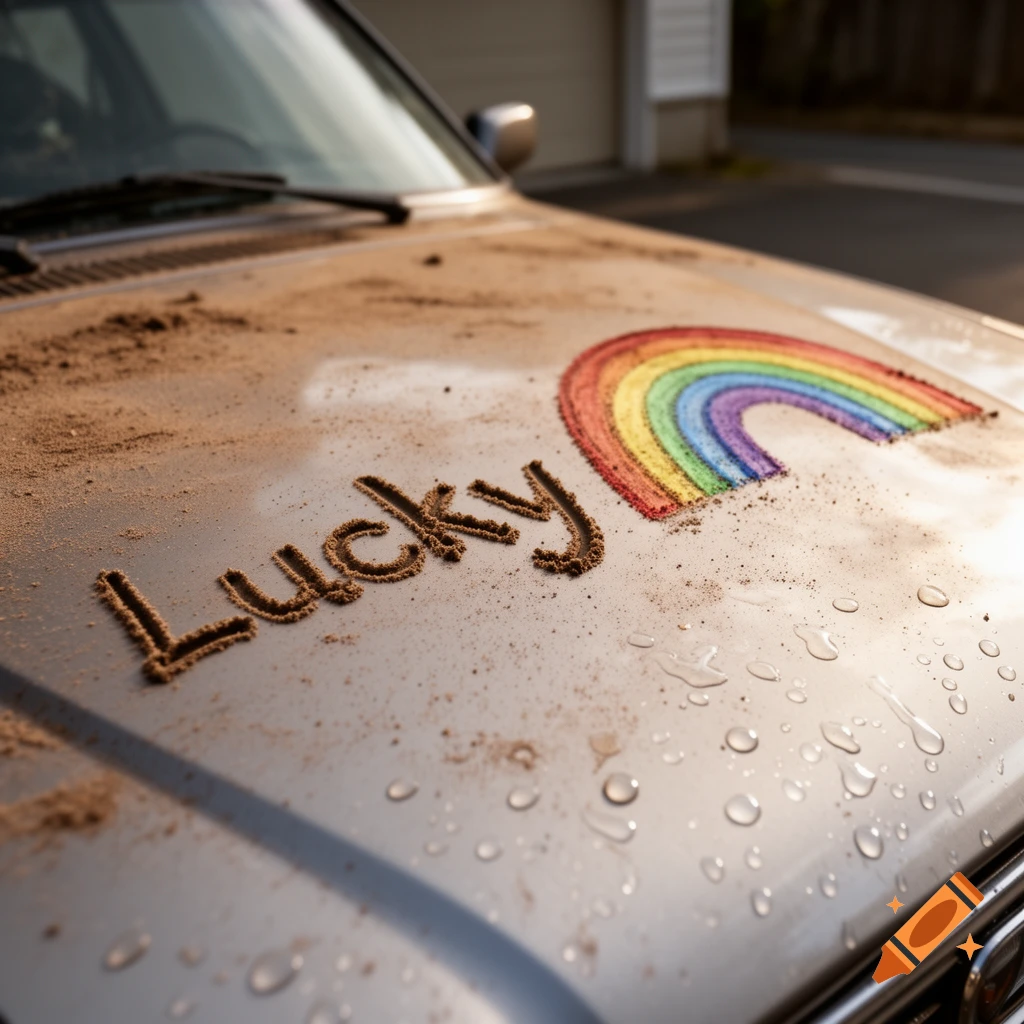 Close-up of a dusty silver car hood with 'Lucky' and a rainbow drawn in the dust, along with water droplets.