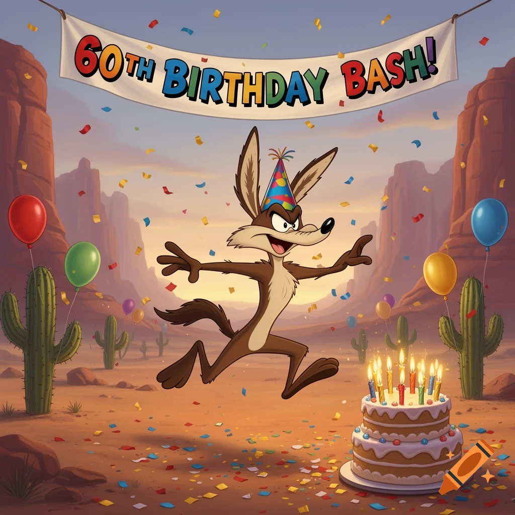 Wile E. Coyote in a party hat celebrates his 60th birthday in a desert landscape with a banner, cake, balloons, and confetti.