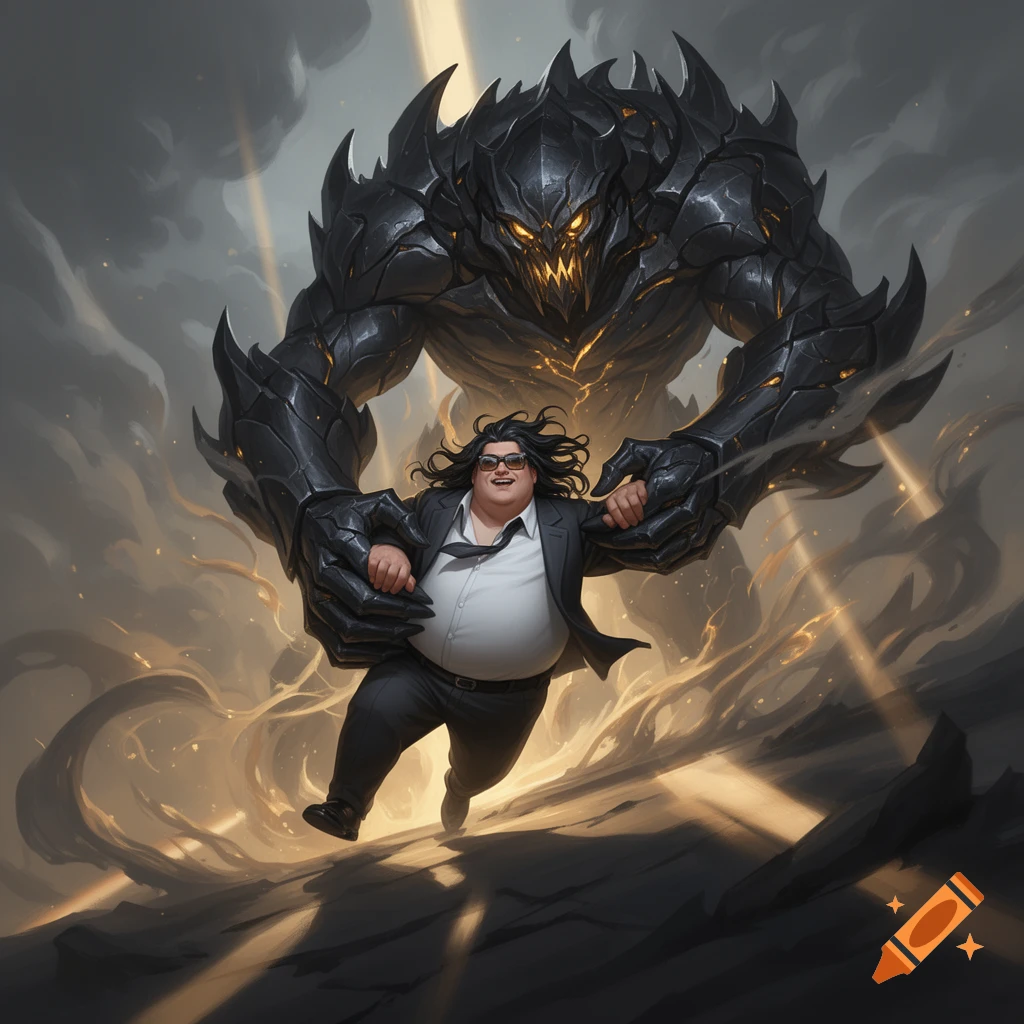 A man in a suit with long hair and glasses is dragged by a dark, spiky monster with glowing eyes, amidst smoke in a digital art style.