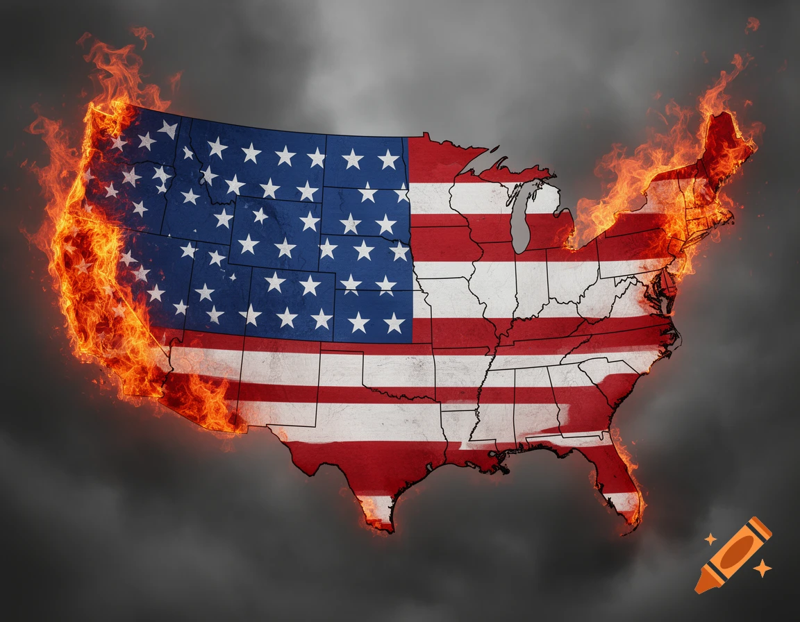 Stylized map of the USA as an American flag, with its western and eastern coastal regions burning in flames and smoke.