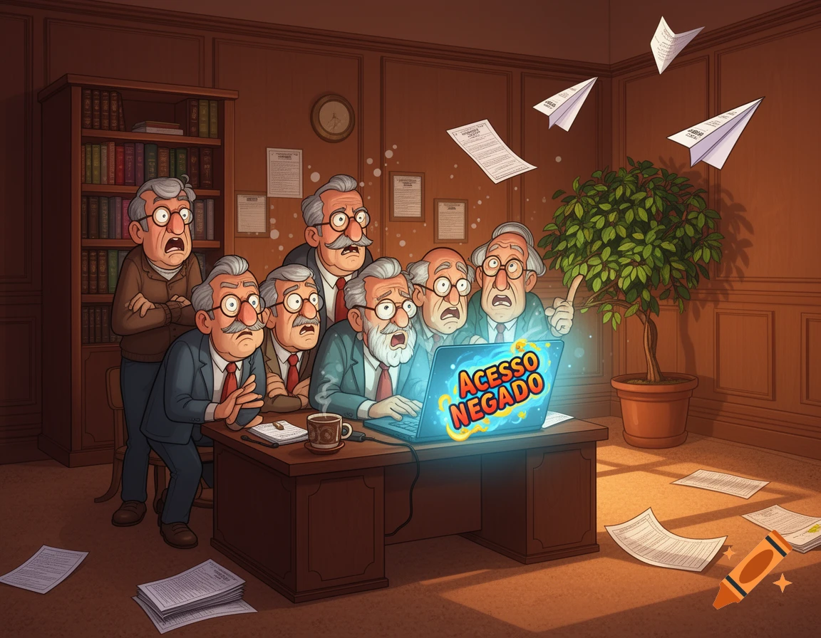 Cartoon professors in an office look shocked at a laptop screen displaying 'ACCESS DENIED' as papers fly around them.