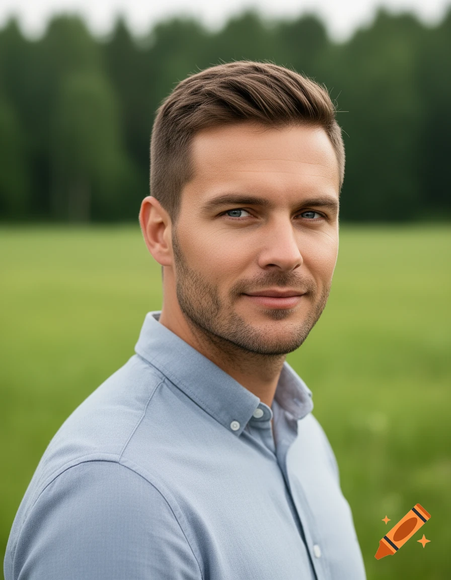 Photorealistic portrait of a confident man with short brown hair and light stubble, wearing a blue button-up shirt, outdoors in a green field.