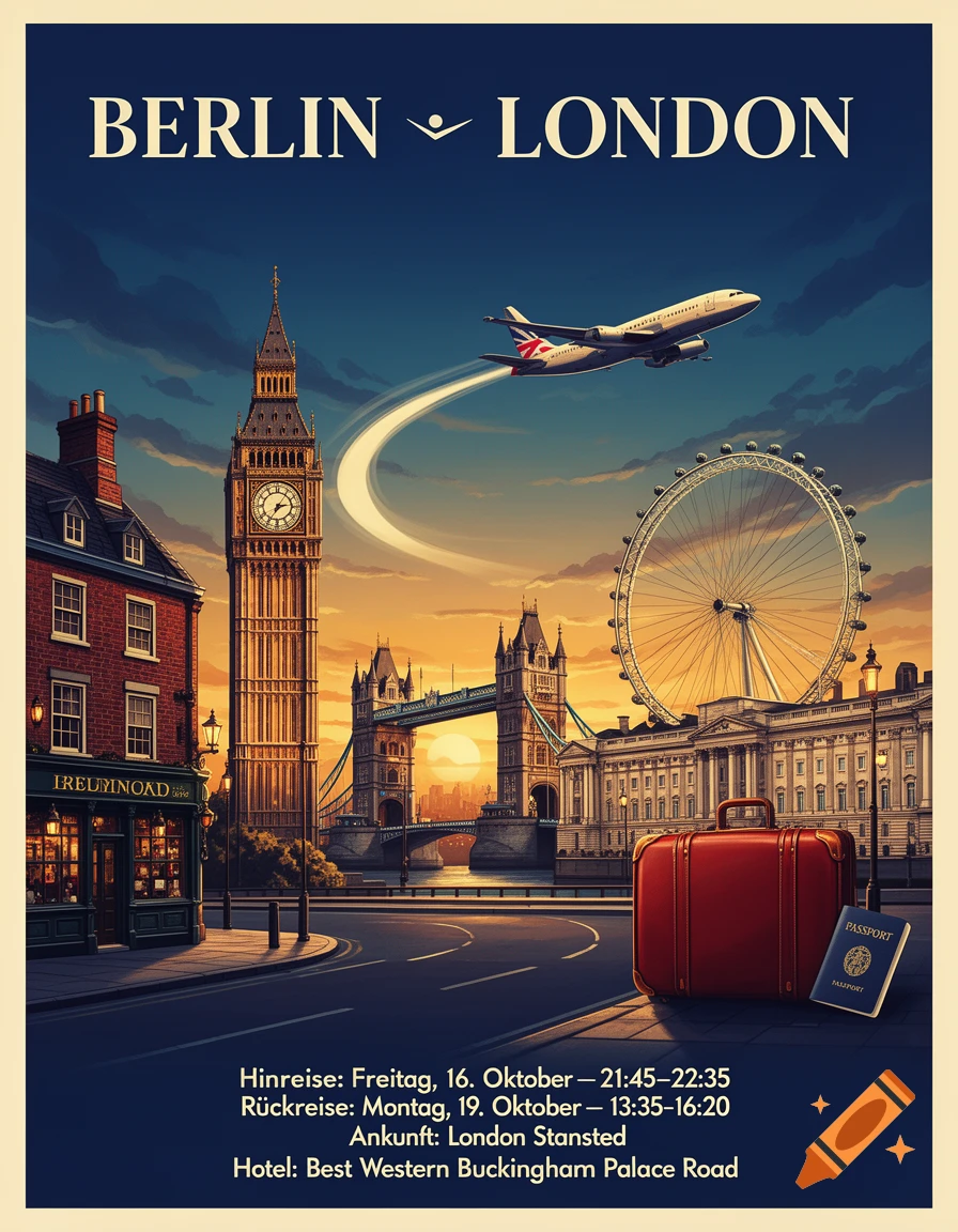 A vintage-style travel poster for Berlin to London, featuring Big Ben, Tower Bridge, London Eye, and a pub at sunset. A plane flies over, with a suitcase and passport on the road in the foreground.