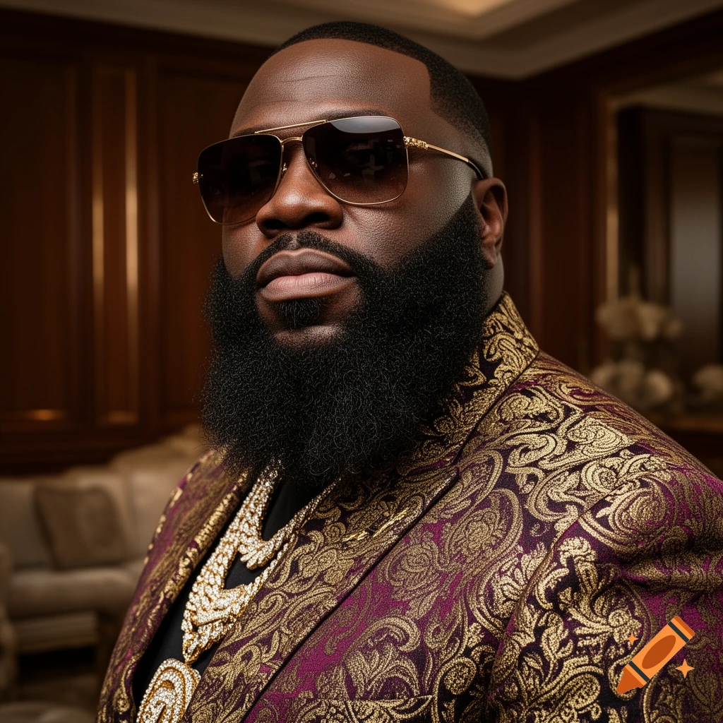 Photorealistic portrait of a man with dark skin, a full beard, and sunglasses, wearing a purple and gold patterned suit and large diamond chains.
