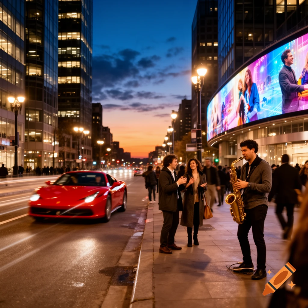 A bustling city street at dusk with a street musician playing saxophone, a red sports car, and a large digital billboard.