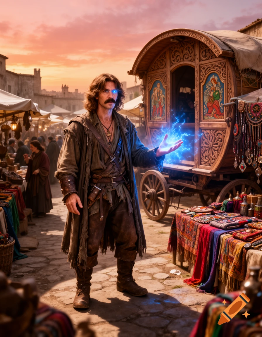 A photorealistic male wizard with a mustache stands in a bustling market, holding blue magic, next to an ornate caravan.