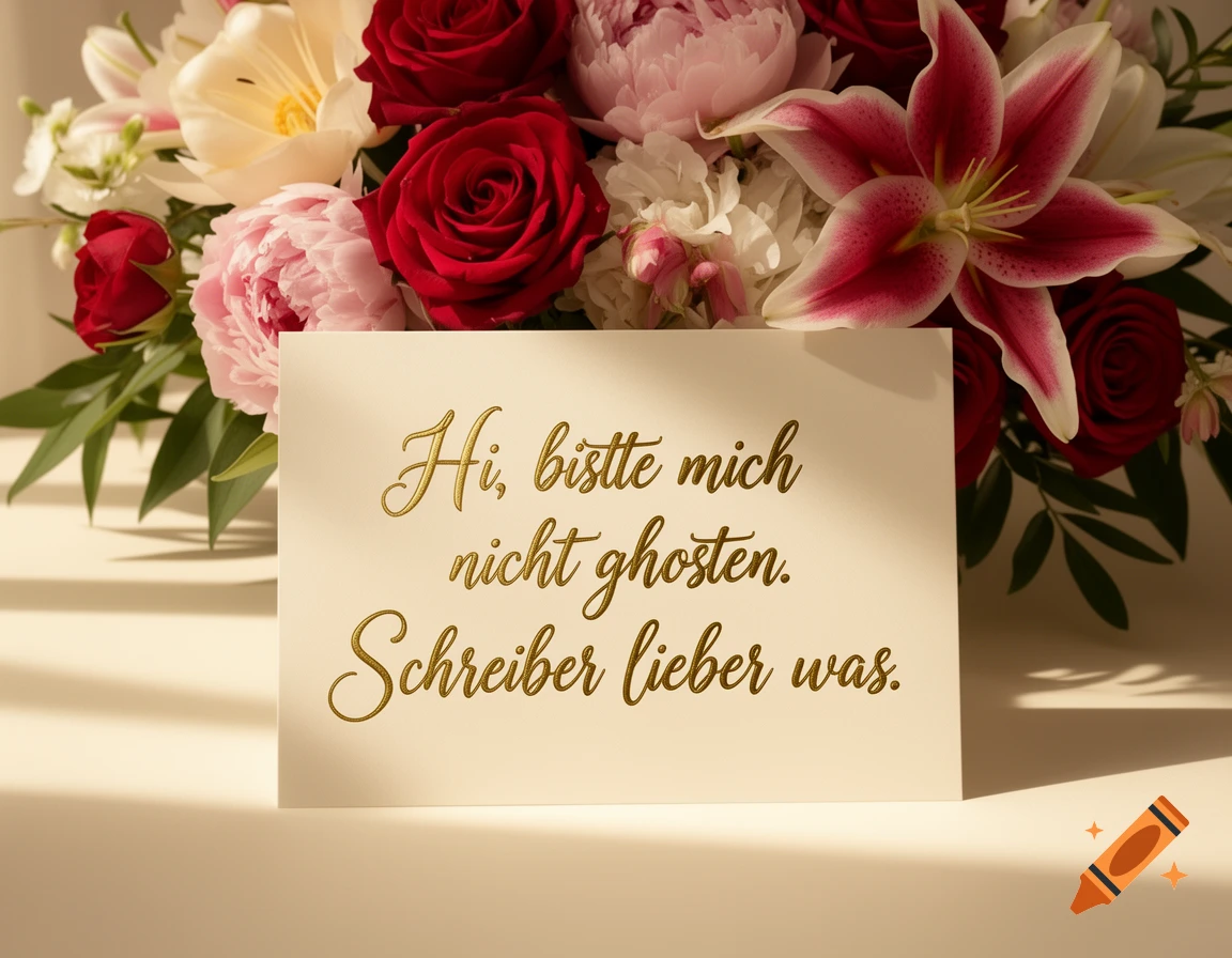 A close-up of a white card with golden German text, 'Hi, bistte mich nicht ghosten. Schreiber lieber was.', in front of a colorful flower bouquet.