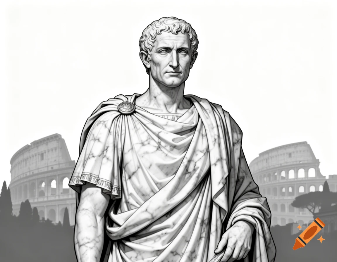 Black and white marble statue of a Roman man in a toga, with the Colosseum visible in the background.
