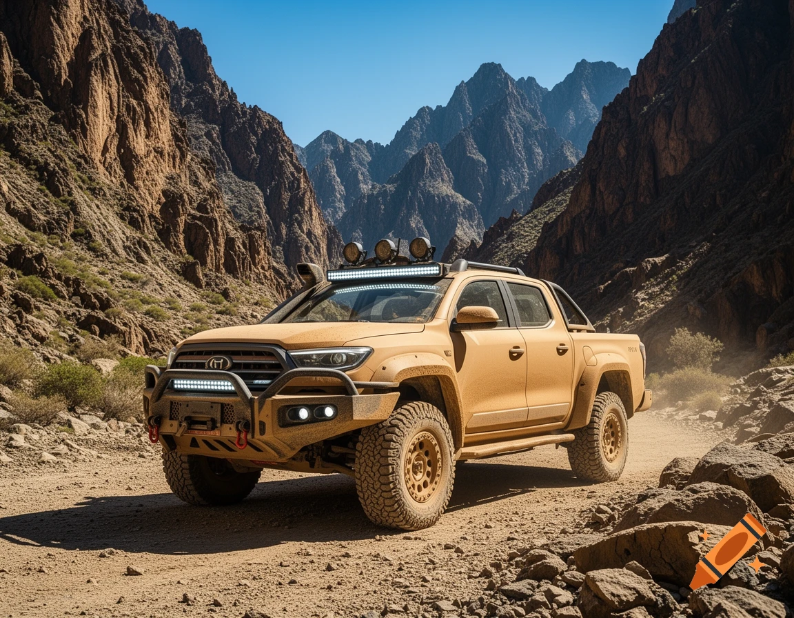 A tan off-road pickup truck with an aggressive front bumper and roof lights drives on a dirt road through a rocky mountain pass under a clear blue sky.