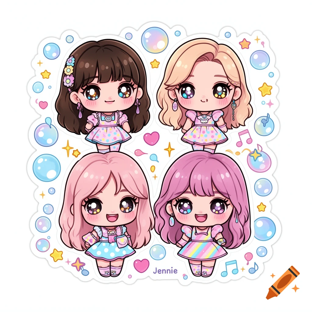 Four cute chibi-style cartoon girls with large sparkling eyes, representing K-Pop idols, surrounded by bubbles and stars on a white background.