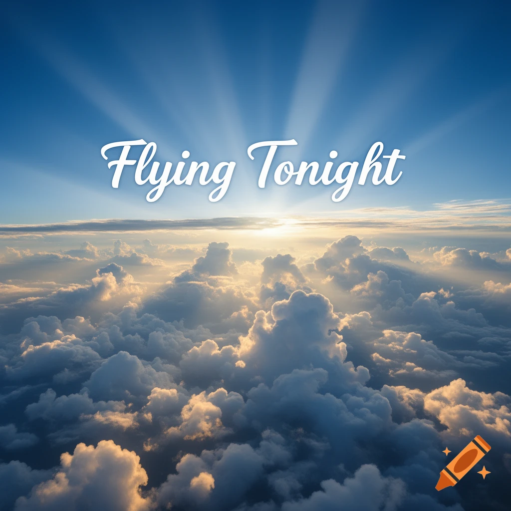 A bright blue sky filled with fluffy white and golden clouds, with radiant sunrays bursting through, and the words "Flying Tonight".