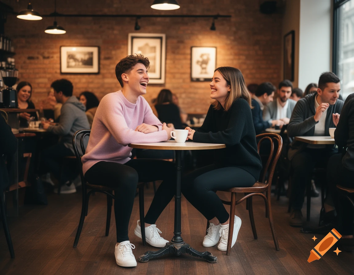 A smiling young couple laughs while sitting at a small table in a busy coffee shop, photorealistic.