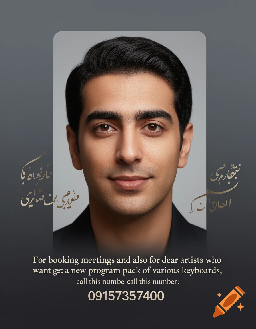 A close-up portrait of a young man on a dark gray poster with Persian and English text and a phone number.