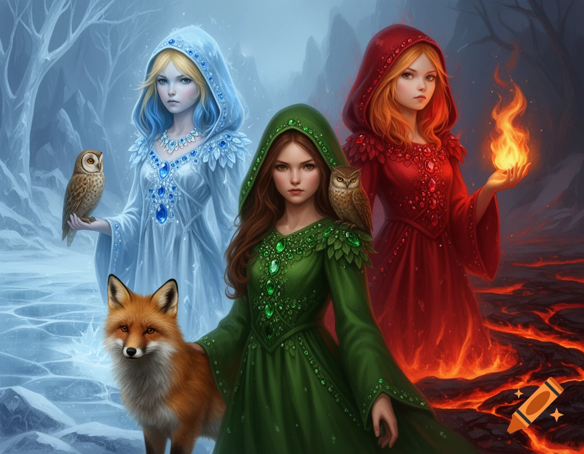 Three fantasy women themed as ice, nature (with fox and owl), and fire (holding a flame) against elemental landscapes. Digital art.