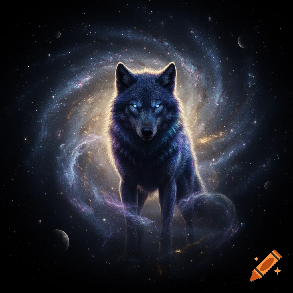 A dark wolf with glowing blue eyes stands centered against a swirling galaxy of stars and planets.