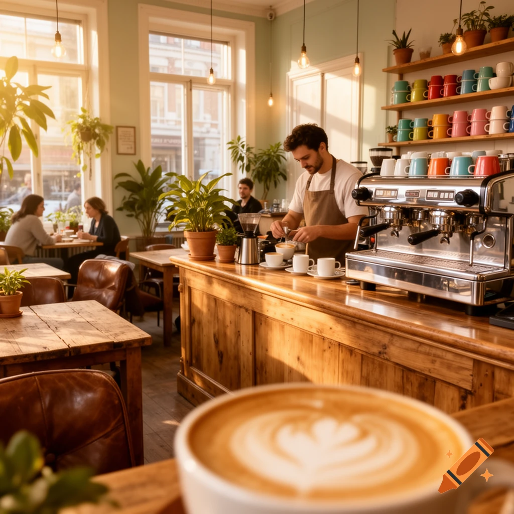 A barista prepares coffee behind a wooden counter in a sunny, plant-filled cafe with customers seated at tables. A latte is in the foreground.