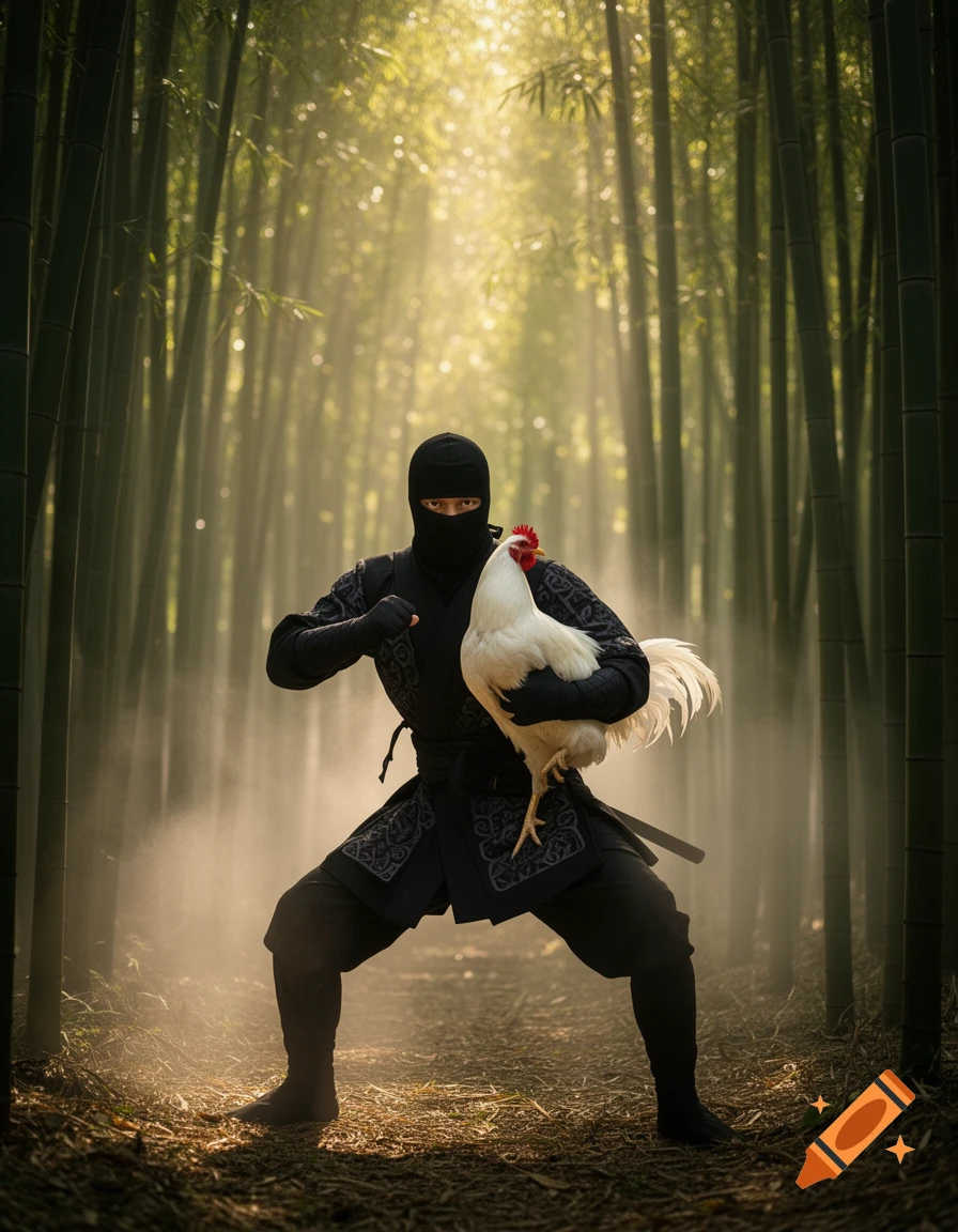 A ninja in black attire crouches in a mystical bamboo forest, holding a white rooster.