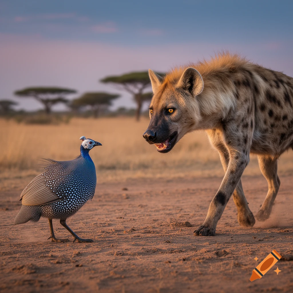 Photorealistic image of a spotted hyena with glowing eyes approaching a guineafowl on a dusty savanna at sunset.