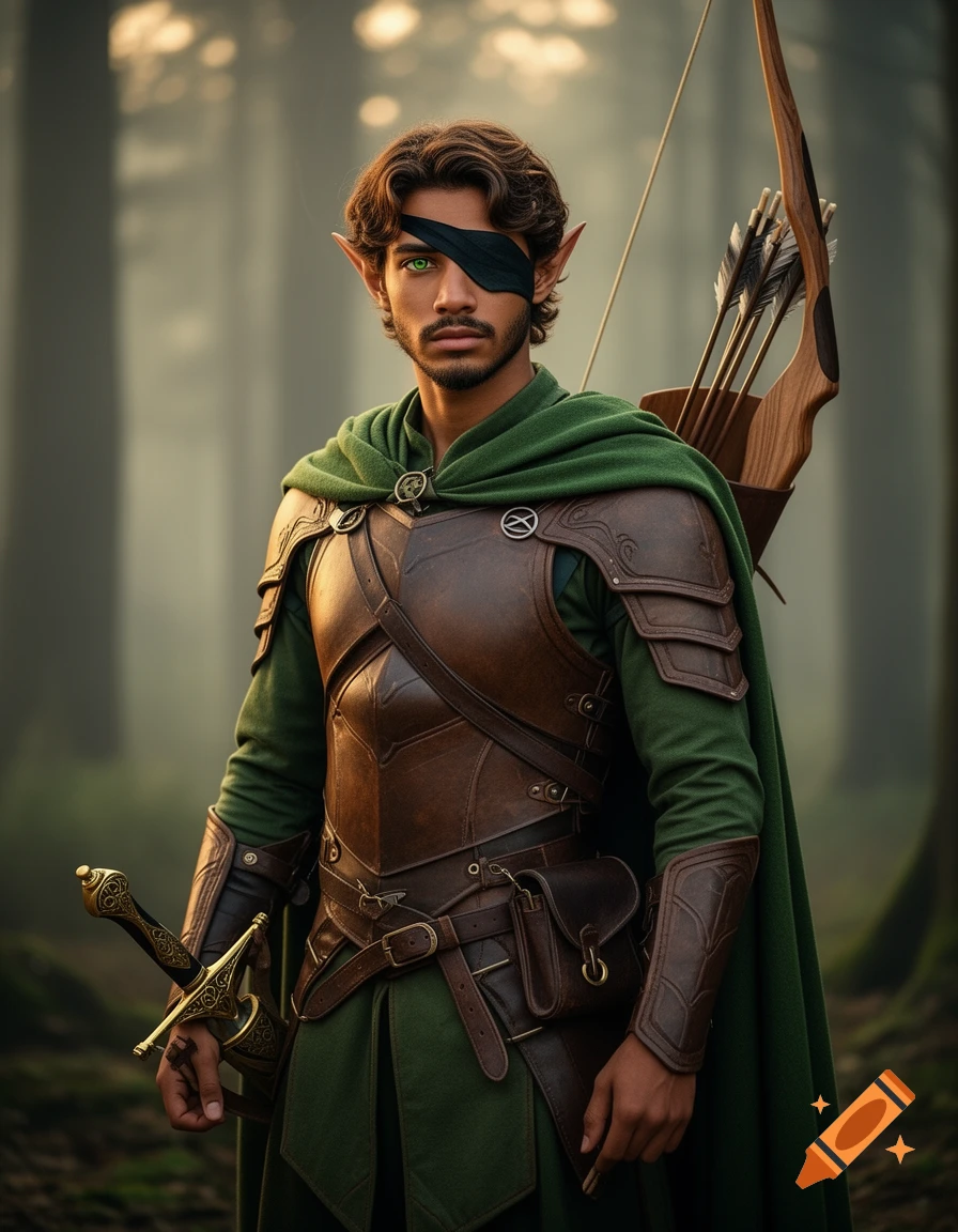 A young male elf in green and brown leather armor and cloak, with an eye patch, green eyes, and curly hair, holding a sword, with a bow and quiver, stands in a misty forest.