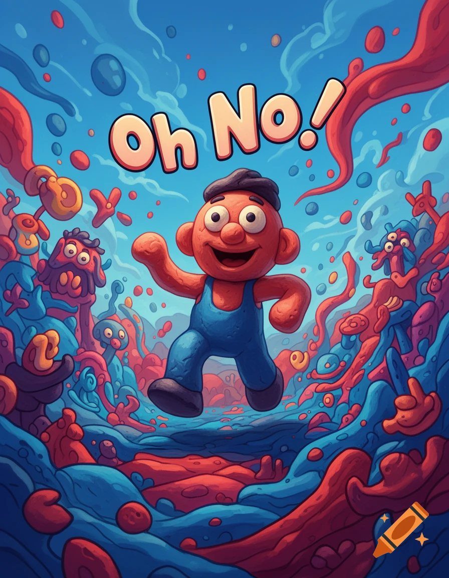 A red claymation character like Mr. Bill in blue overalls walks on a vibrant blue and red landscape with "Oh No!" text.
