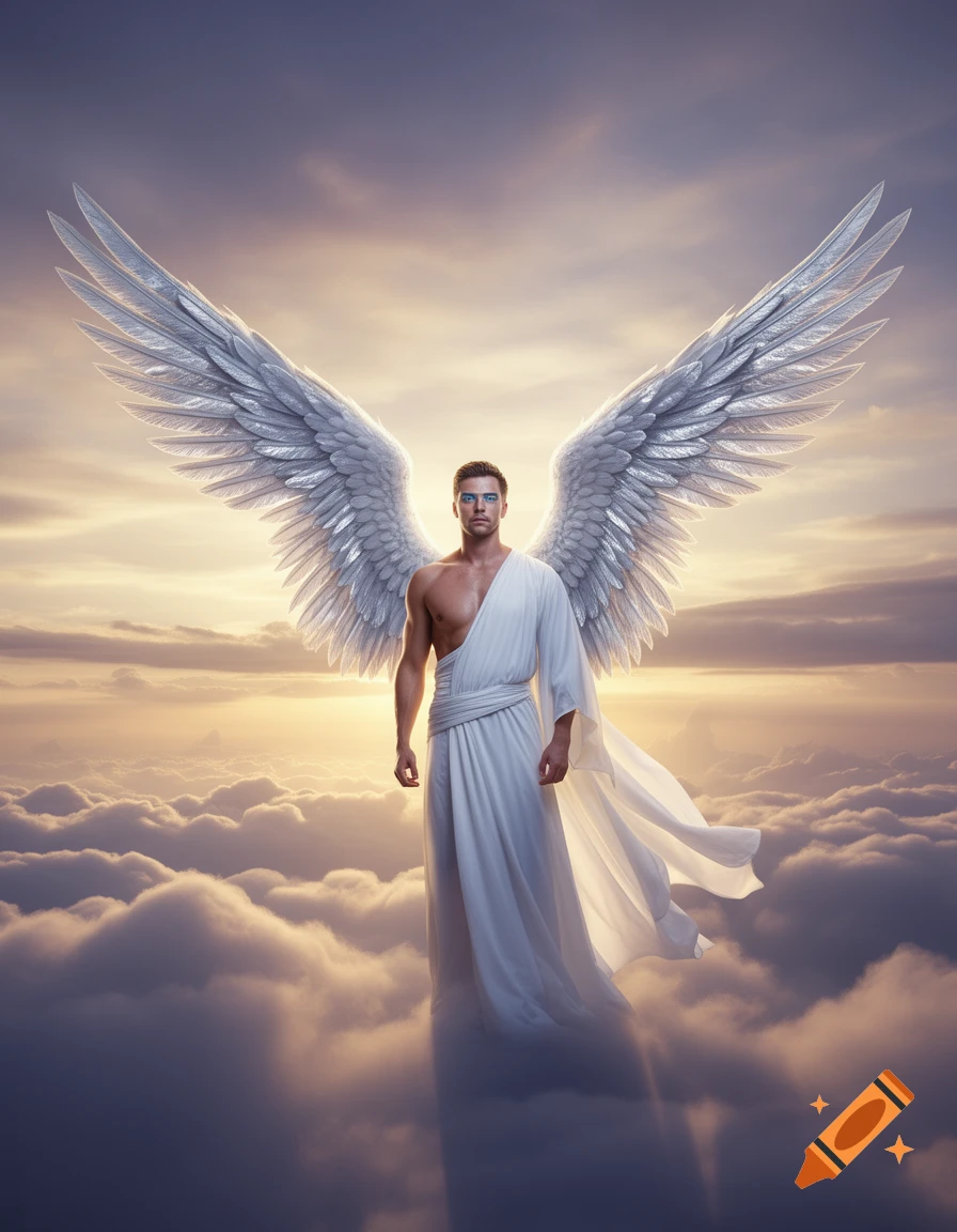 A majestic male angel with large white wings, draped in white cloth, stands among clouds at sunrise, looking forward.