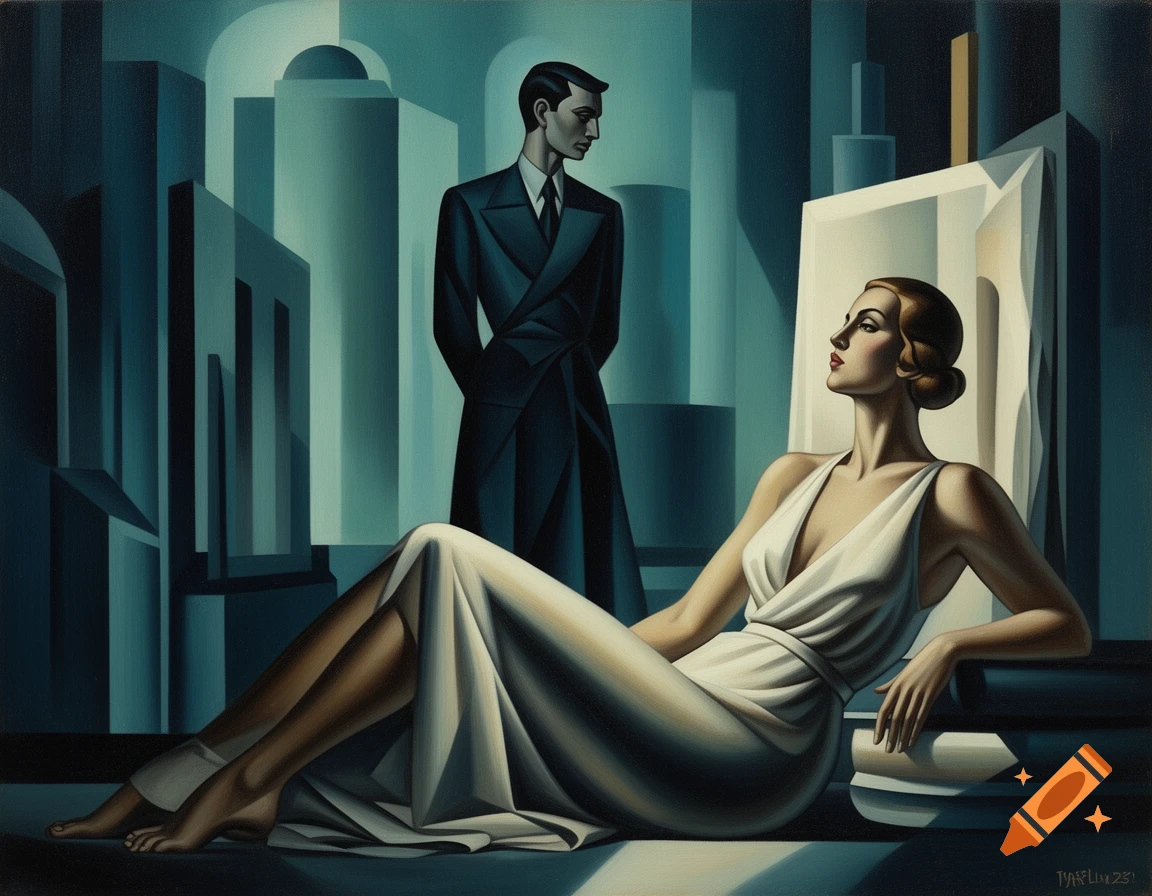 Art Deco painting of a man in a dark suit standing behind a reclining woman in a white dress, against geometric city buildings.