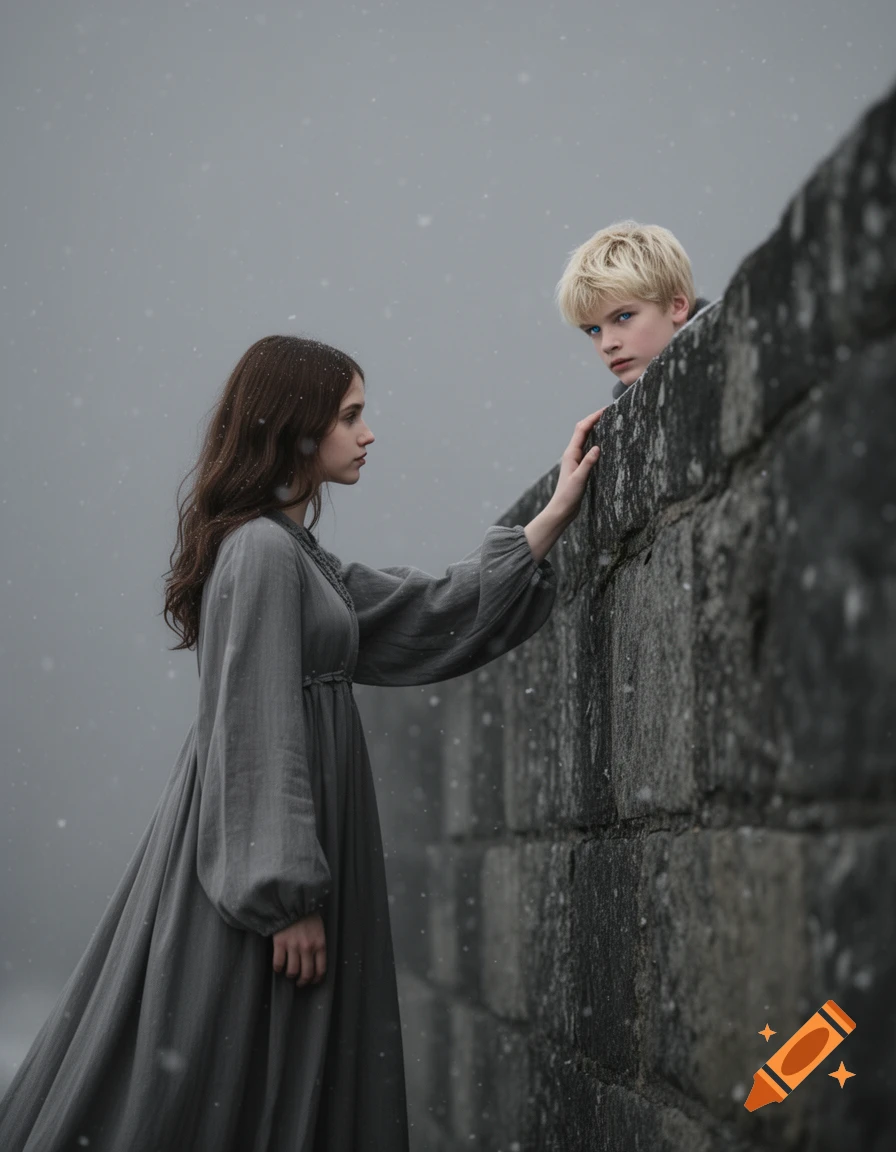 A young brunette girl in a grey dress reaches over a stone wall towards a blonde boy with blue eyes, in a melancholic, snowy outdoor scene.
