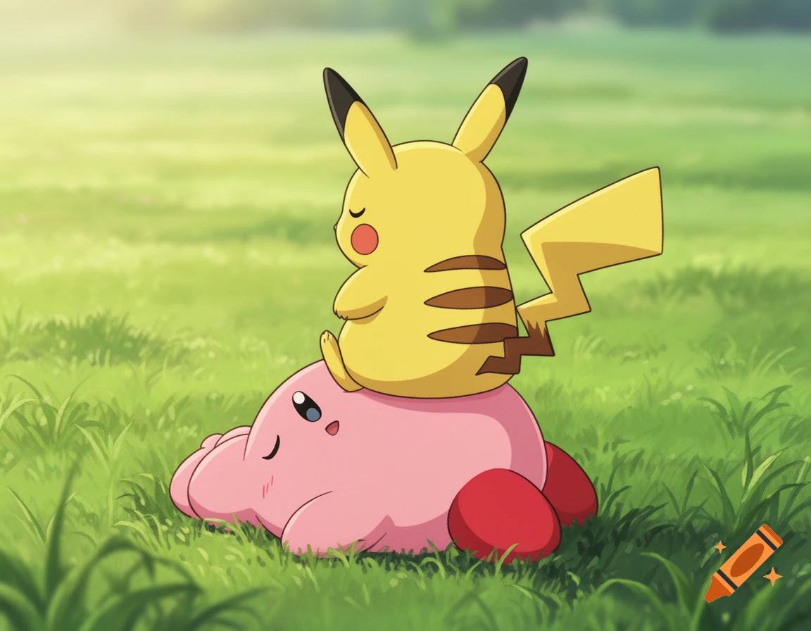 Pikachu sits on Kirby's back in a bright, grassy field, rendered in a Studio Ghibli anime style.
