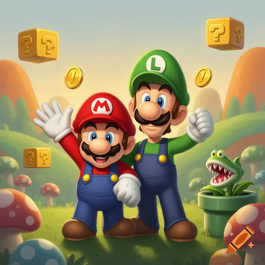 Mario and Luigi stand together in a vibrant, cartoonish Super Mario landscape with question mark blocks, coins, and mushrooms. Mario waves.