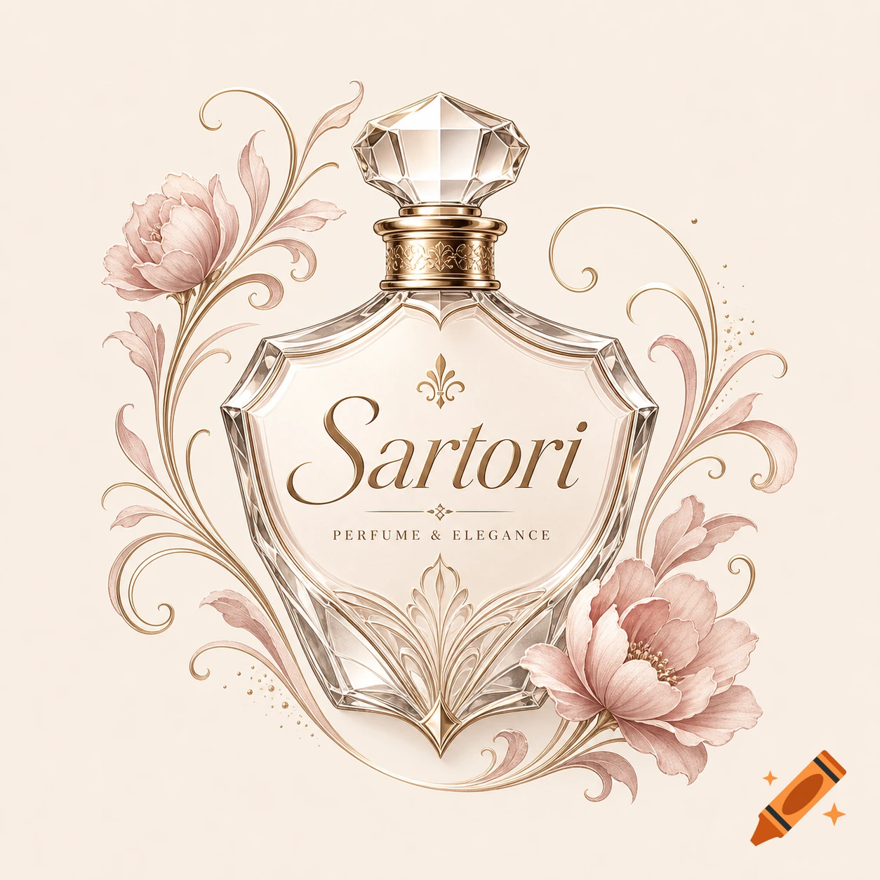 Elegant crystal perfume bottle with gold details and 'Sartori PERFUME & ELEGANCE' label, surrounded by pink flowers and golden vines.