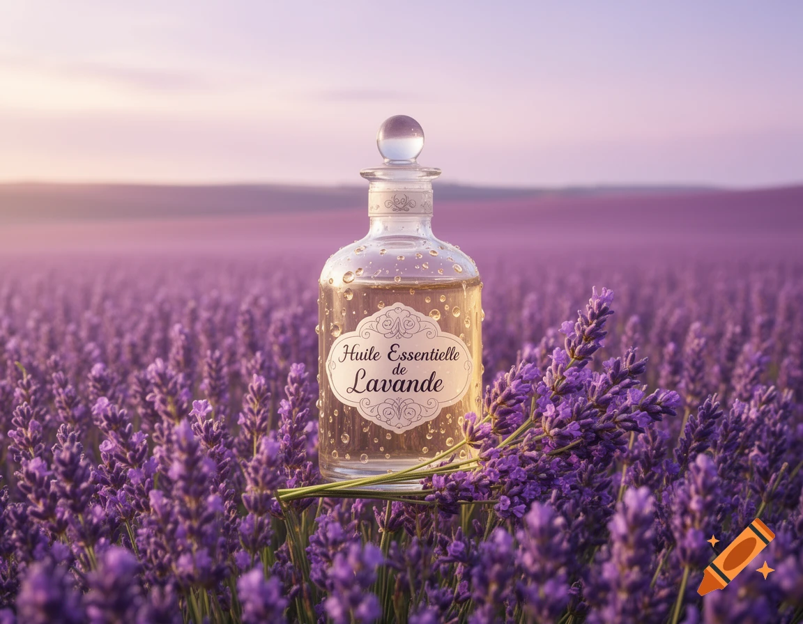 A glass bottle of lavender essential oil stands in a vibrant purple lavender field at sunset, with cut lavender sprigs.
