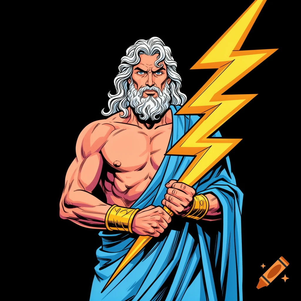 A comic book style illustration of Zeus with white hair and beard, muscular, wearing a blue toga and holding a large yellow lightning bolt against a black background.