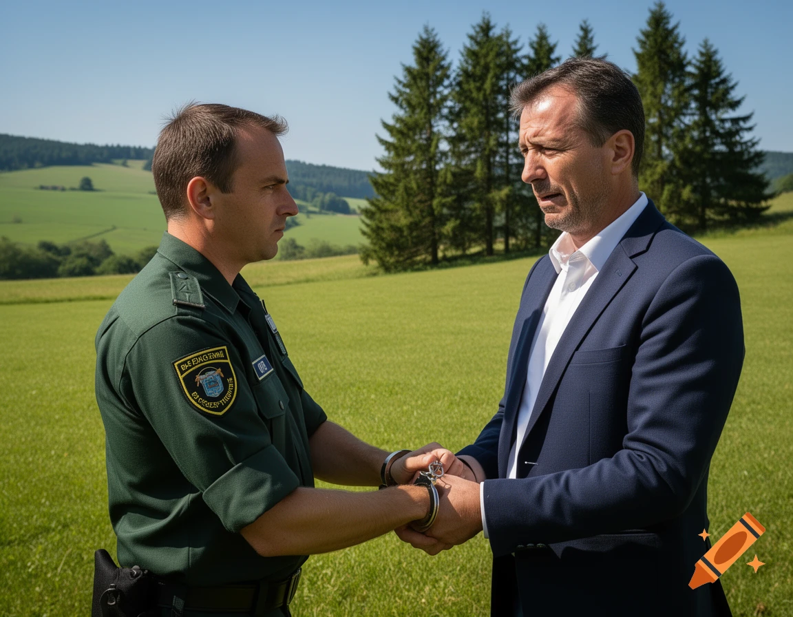 A man in a green uniform handcuffs another man in a blue suit in a grassy field with trees in the background.