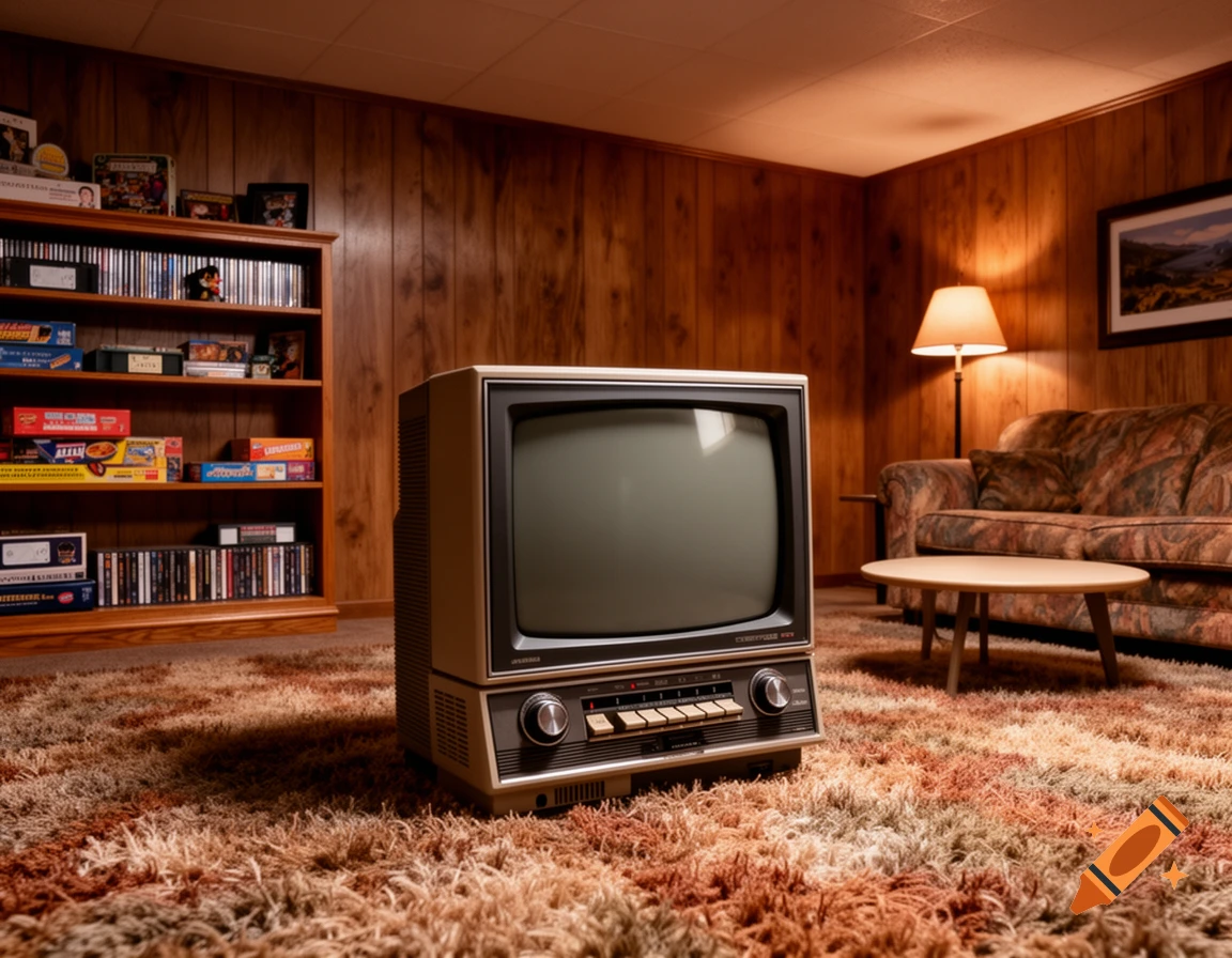 A retro 80s basement with wood-paneled walls, a vintage CRT TV, shaggy carpet, and a bookshelf next to a patterned sofa and lamp.
