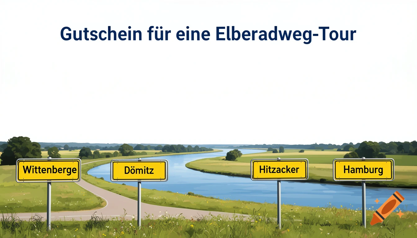 Stylized river landscape with road signs for Wittenberge, D Mitz, Hitzacker, and Hamburg, topped by 'Gutschein f Xr eine Elberadweg-Tour' text.