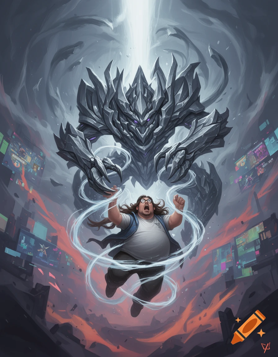 A man with long hair and glasses is pulled by white energy towards a menacing, armored gray monster with purple eyes. A city with glowing screens is in the background. Digital art.