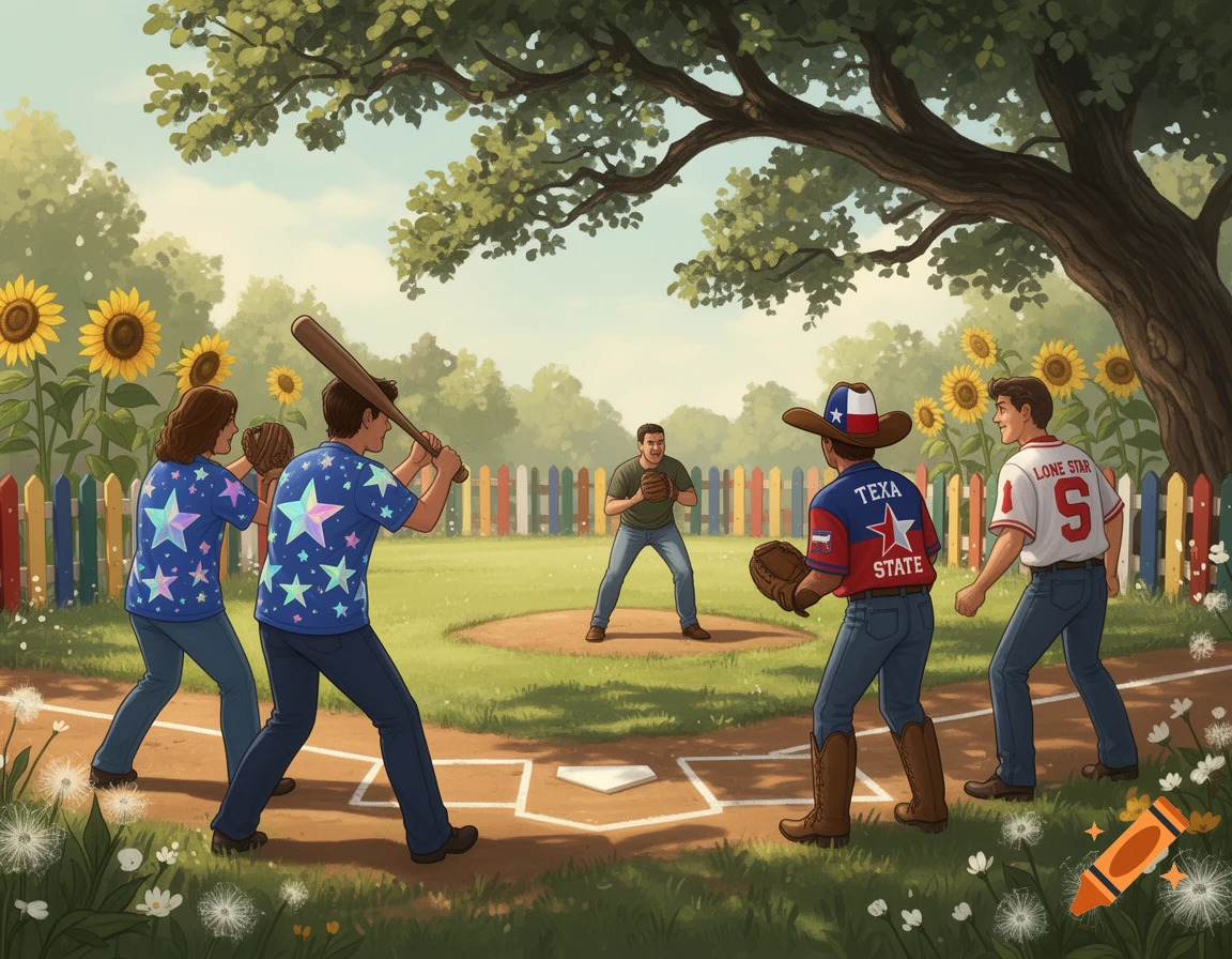 A cartoon illustration shows a backyard baseball game under a tree. Players wear colorful star shirts and Texas-themed jerseys.