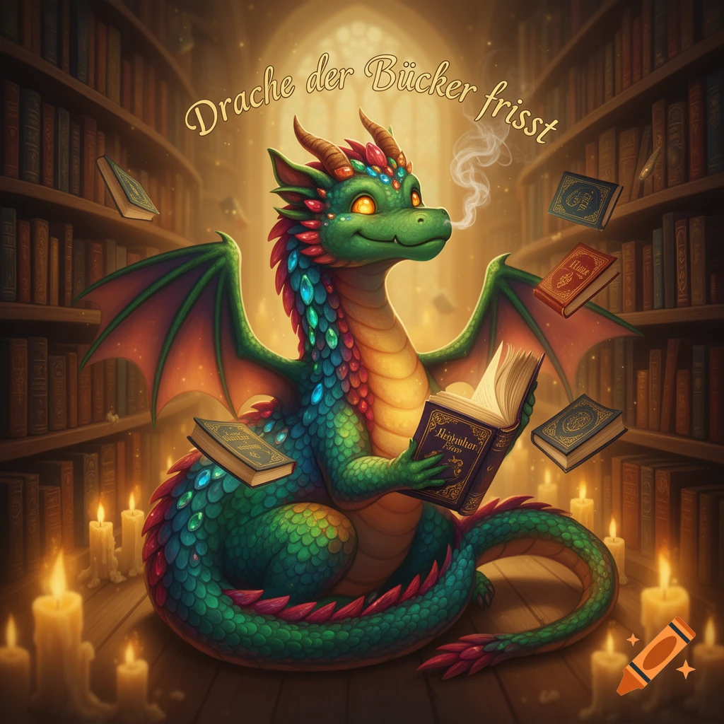 A cute, colorful cartoon dragon with green scales and red wings sits among glowing candles in a library, reading a book. Text above reads "Drache der Bücher frisst".