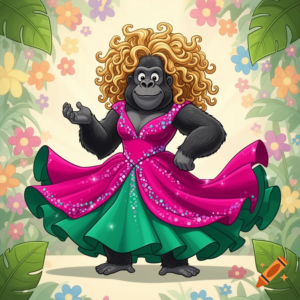 A smiling cartoon gorilla wearing a sparkling pink and green dress and a curly blonde wig, set against a background of colorful flowers and green leaves.
