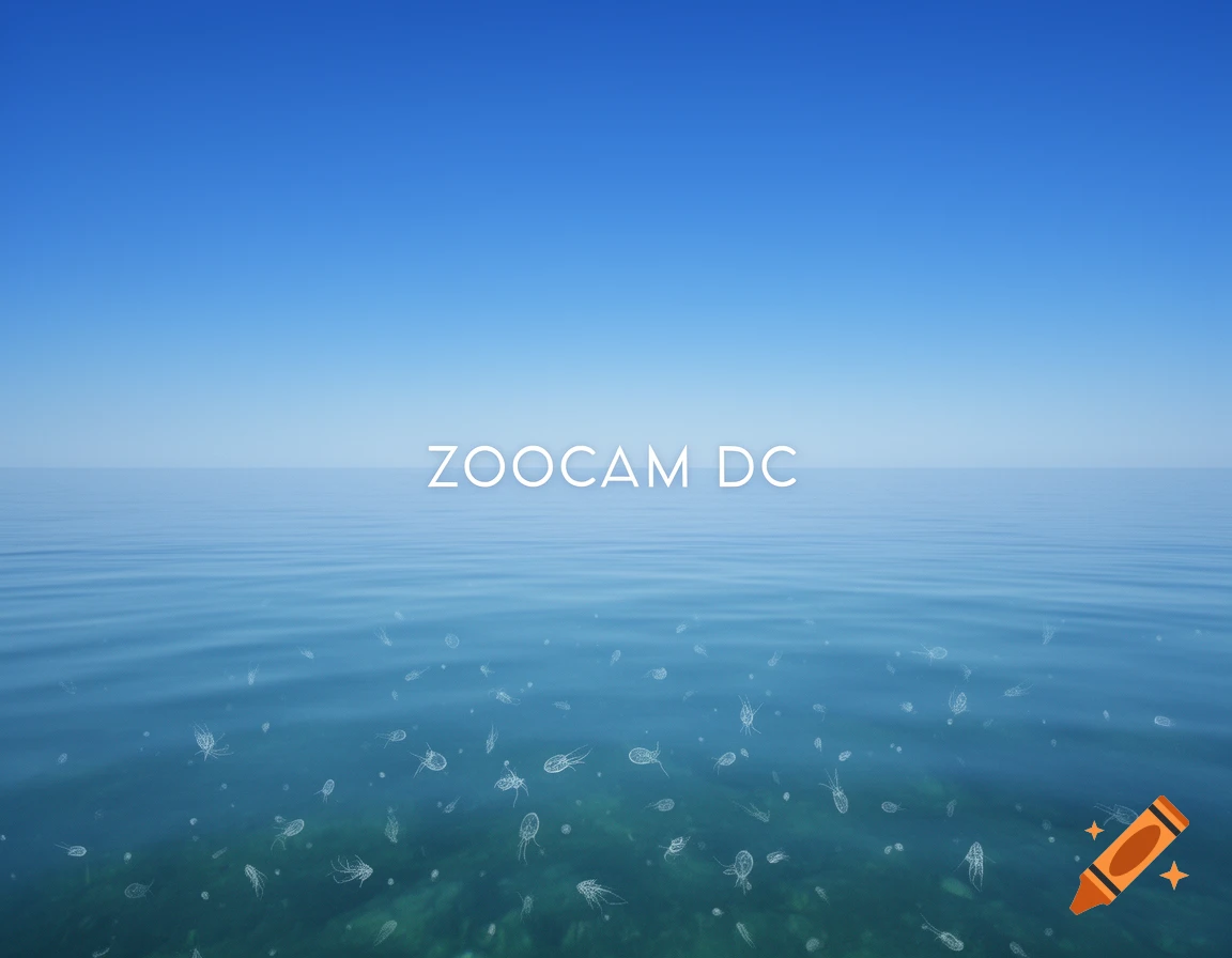Flat blue ocean under a clear sky with 'ZOOCAM DC' on the horizon, and small white copepods in transparent blue-green water.