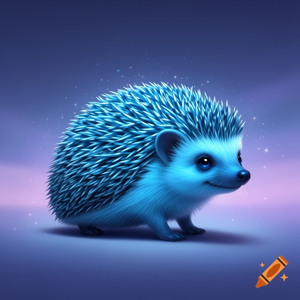 A cute, stylized blue hedgehog with bright blue eyes sits on a gradient purple and blue background with subtle sparkles.