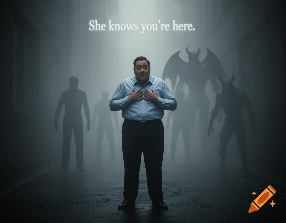 A terrified man with hands on his chest stands in a foggy alleyway, surrounded by shadowy human and demonic figures, with the text 'She knows you're here.' floating above.