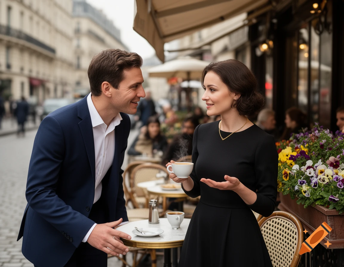 A man and woman share a conversation and coffee at an outdoor Parisian cafe, photorealistic.