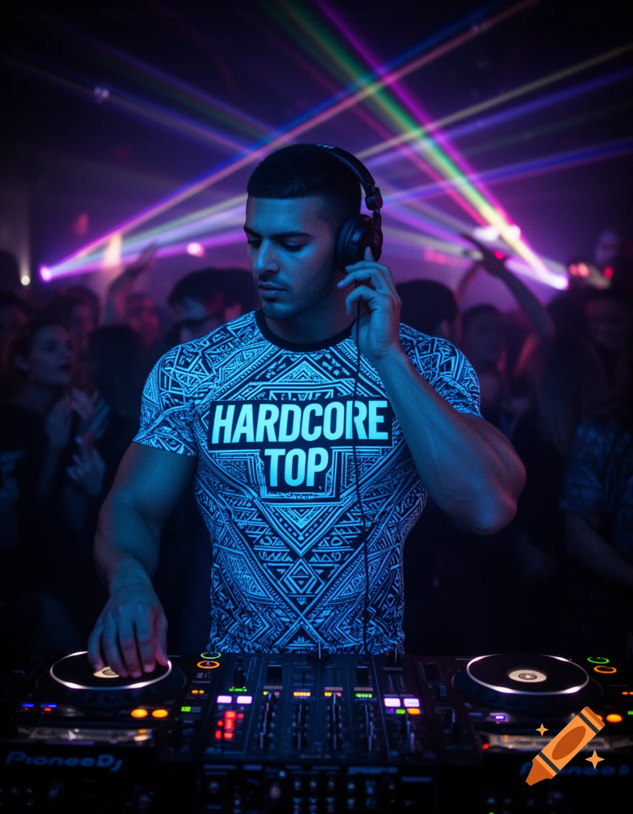 A DJ in headphones and a patterned shirt with "HARDCORE TOP" text, mixing music on a console in a dark, laser-lit nightclub.