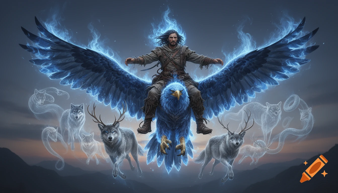 A man rides a blue flaming eagle, surrounded by glowing spirit wolves and deer, flying over mountains. Fantasy art.