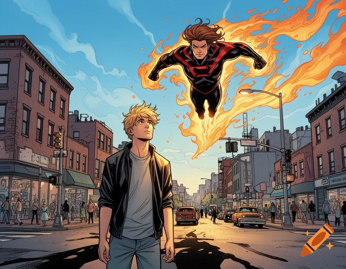 A young blonde man on a city street looks up at a superhero flying overhead, surrounded by orange flames, in a comic book style.